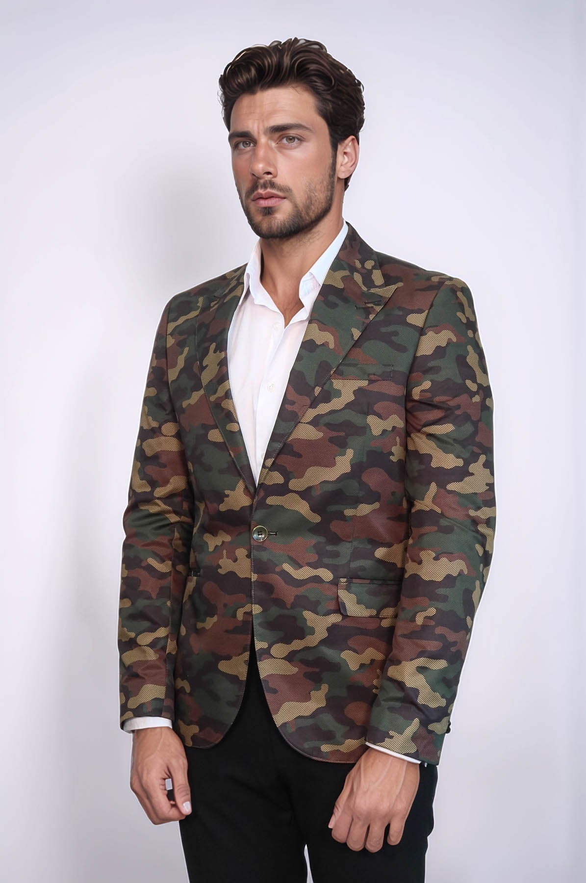 Single Button Camouflage Green Jacket-Wessi