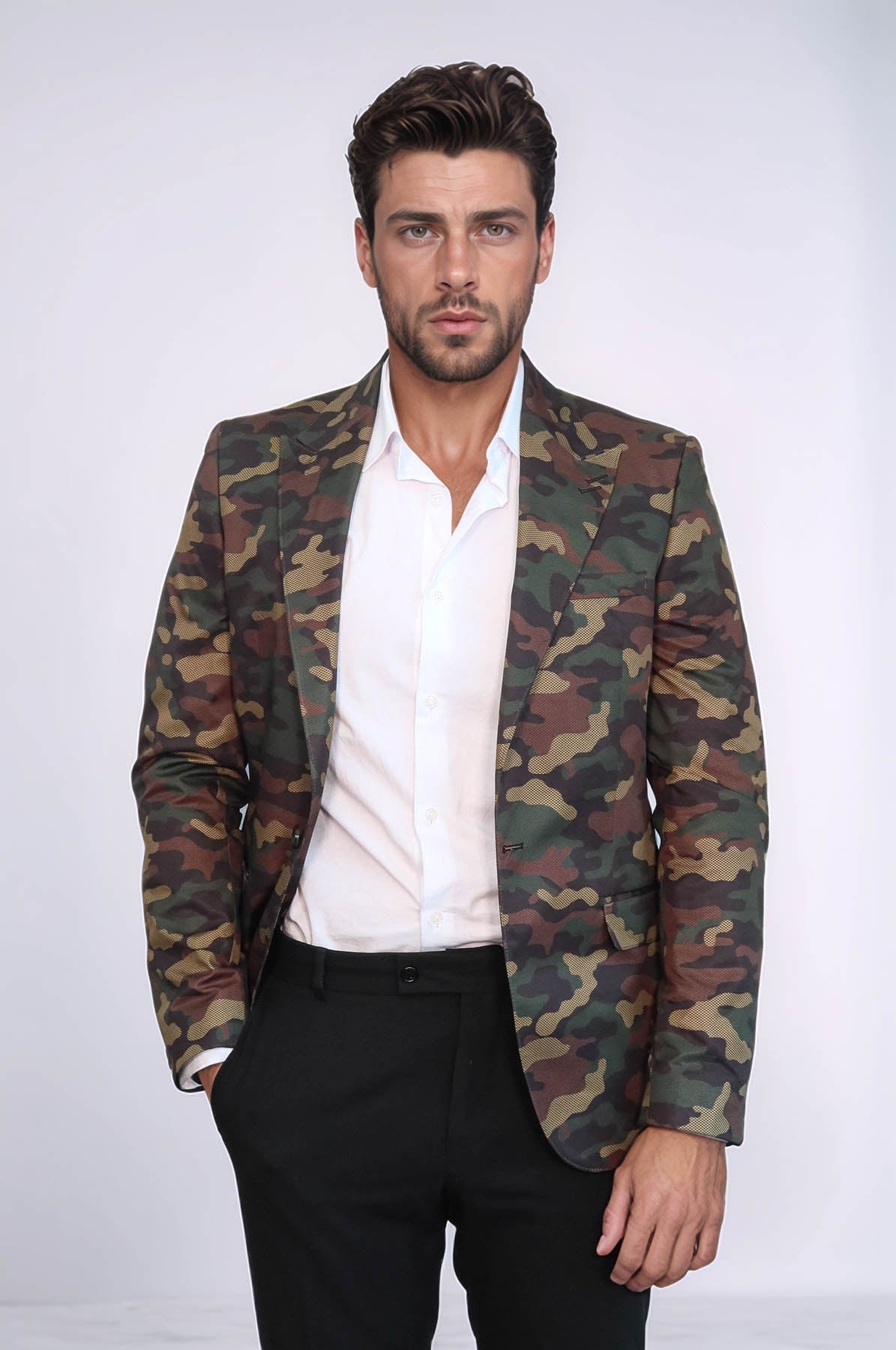 Single Button Camouflage Green Jacket-Wessi