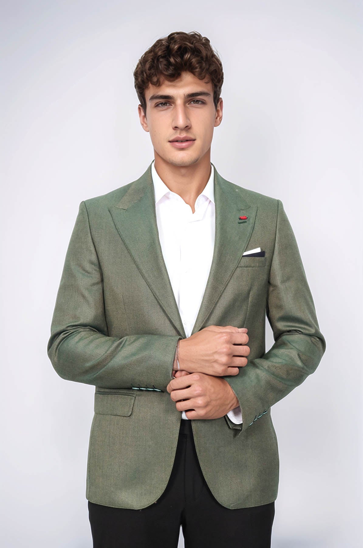 Single Button Half Liner Pointed Collar Green Jacket-Wessi