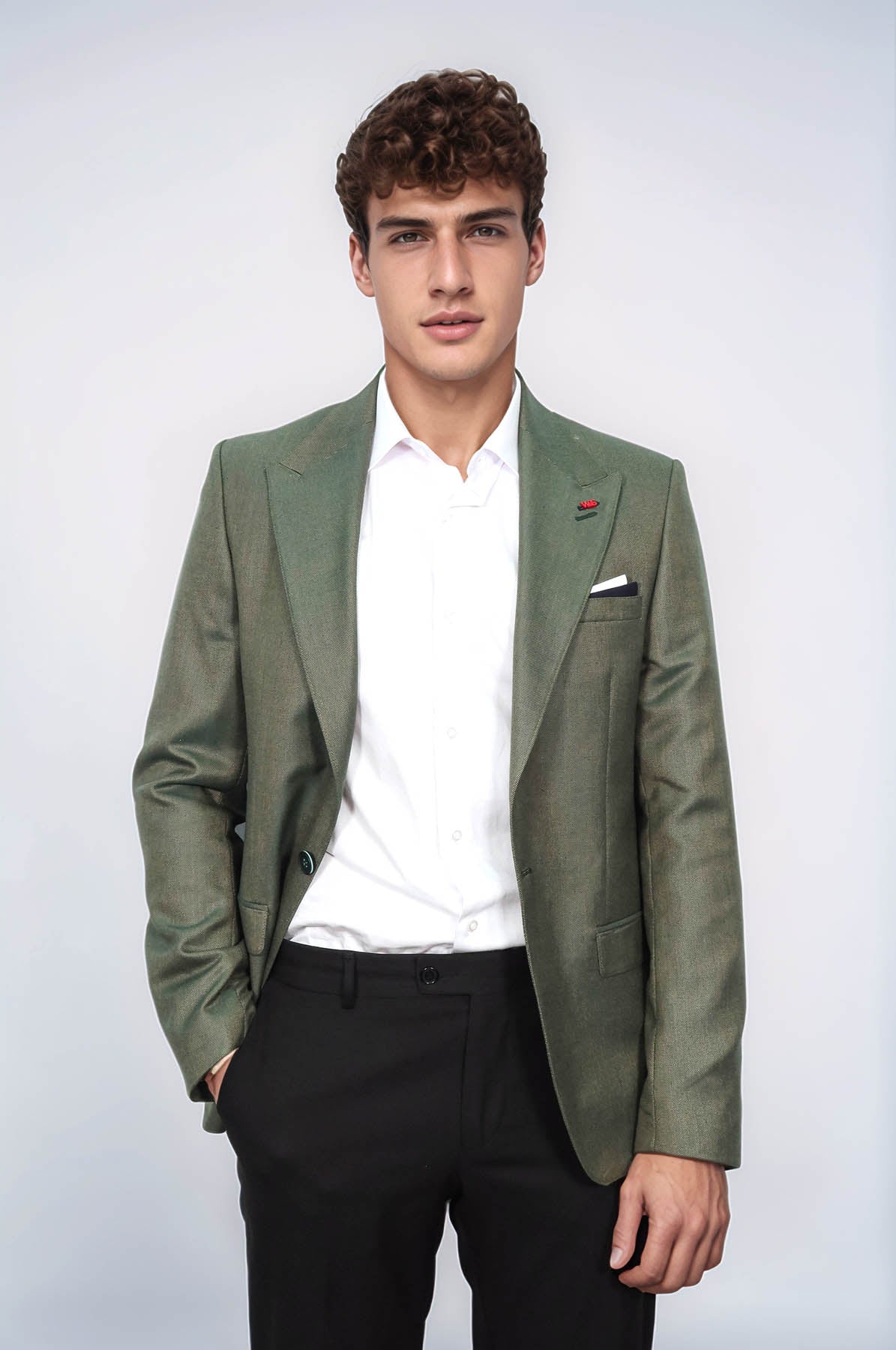 Single Button Half Liner Pointed Collar Green Jacket-Wessi