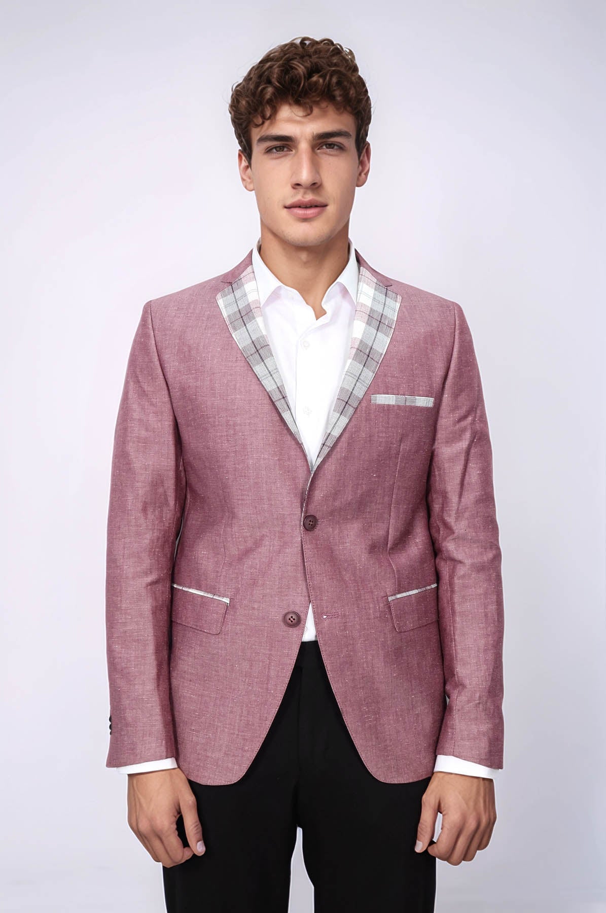 Pocket and Collar Plaid Mens Linnen Burgundy Blazer - Wessi