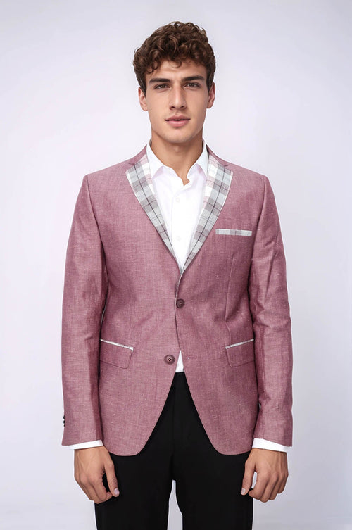 Pocket and Collar Plaid Mens Linnen Burgundy Blazer - Wessi