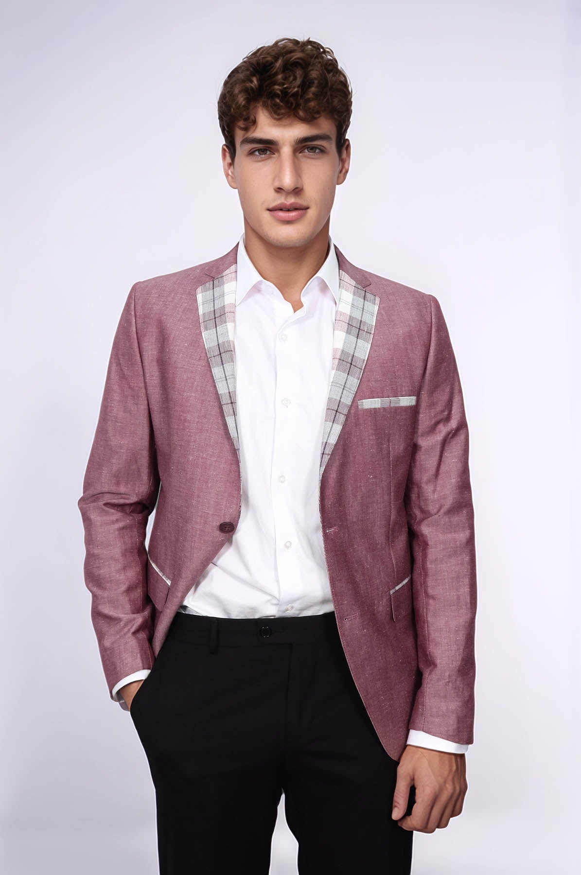 Pocket and Collar Plaid Mens Linnen Burgundy Blazer - Wessi