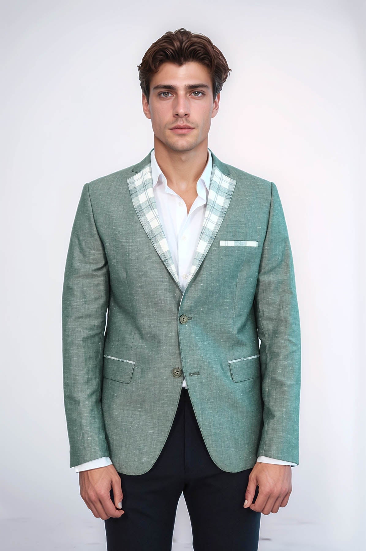 Pocket and Collar Plaid Mens Linnen Blazer - Wessi
