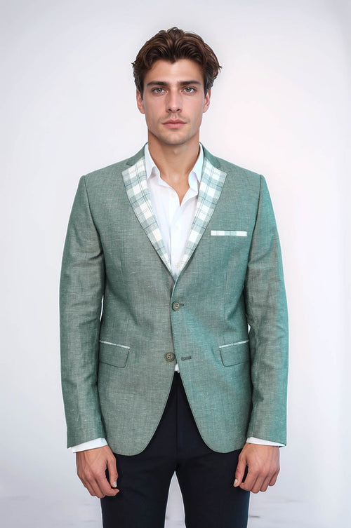 Pocket and Collar Plaid Mens Linnen Blazer - Wessi