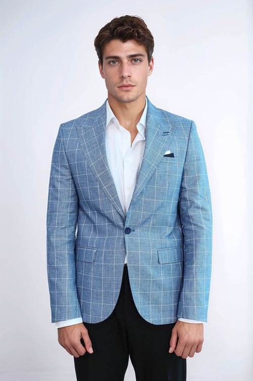 Single Button Wide Pointed Collar Blue Blazer - Wessi