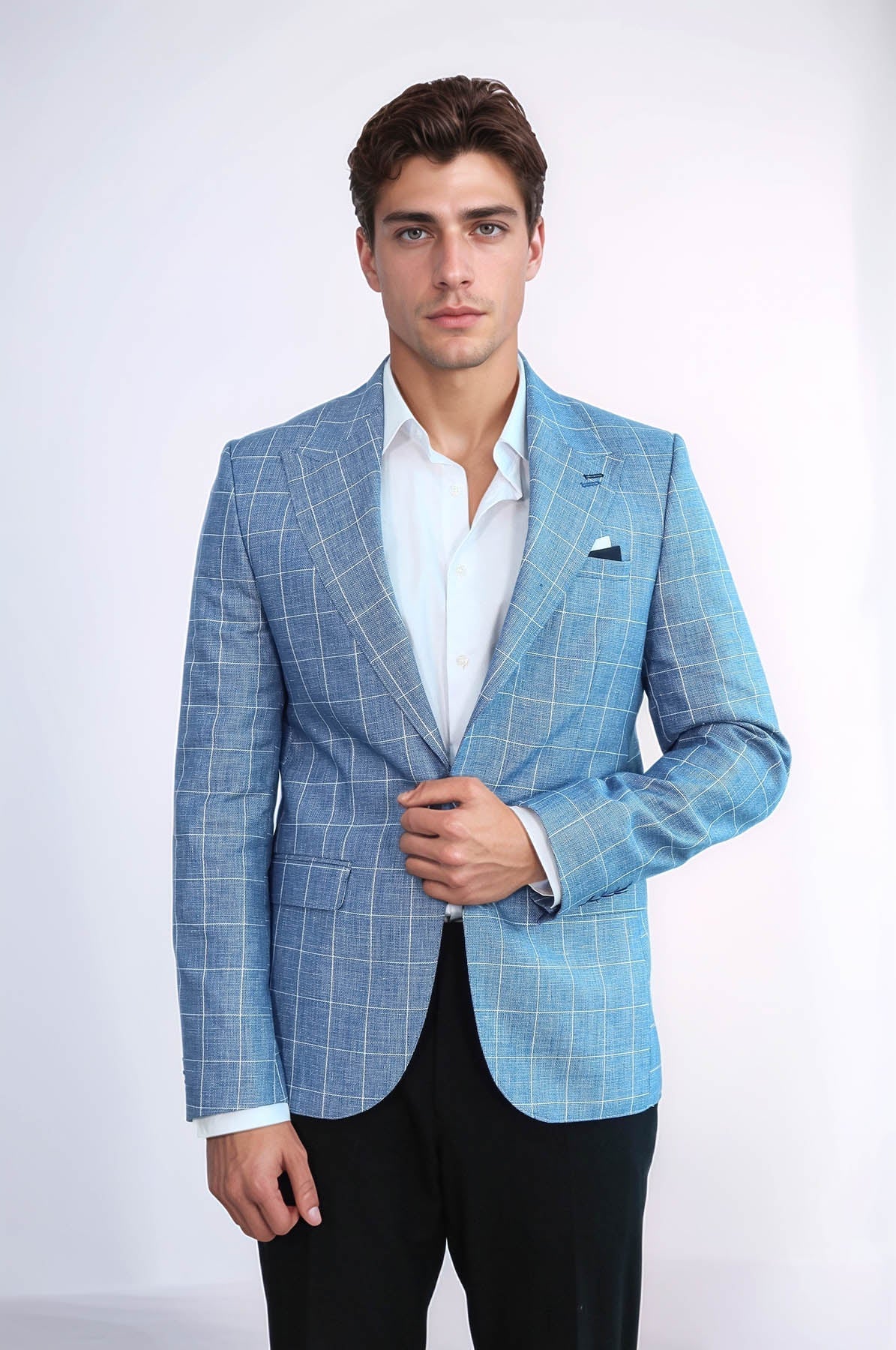 Single Button Wide Pointed Collar Blue Blazer - Wessi