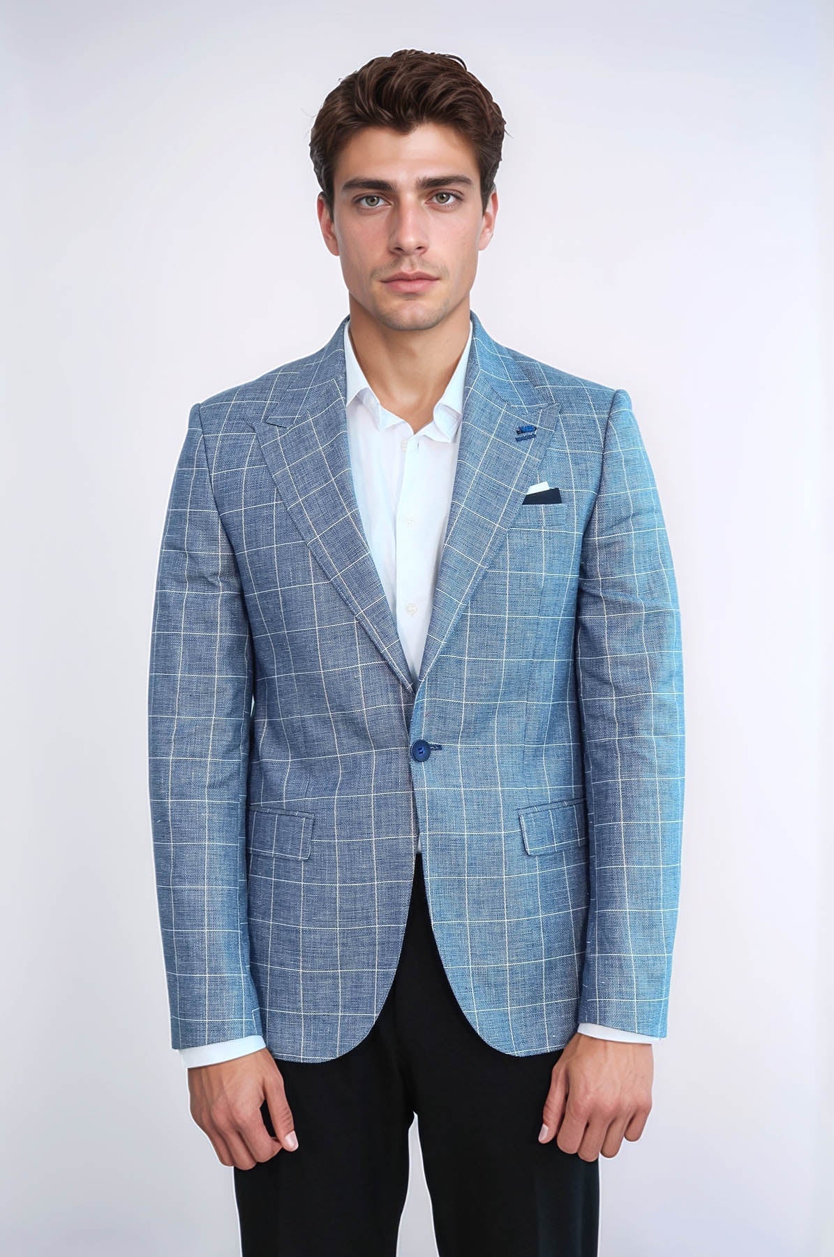 Single Button Wide Pointed Collar Blue Blazer - Wessi