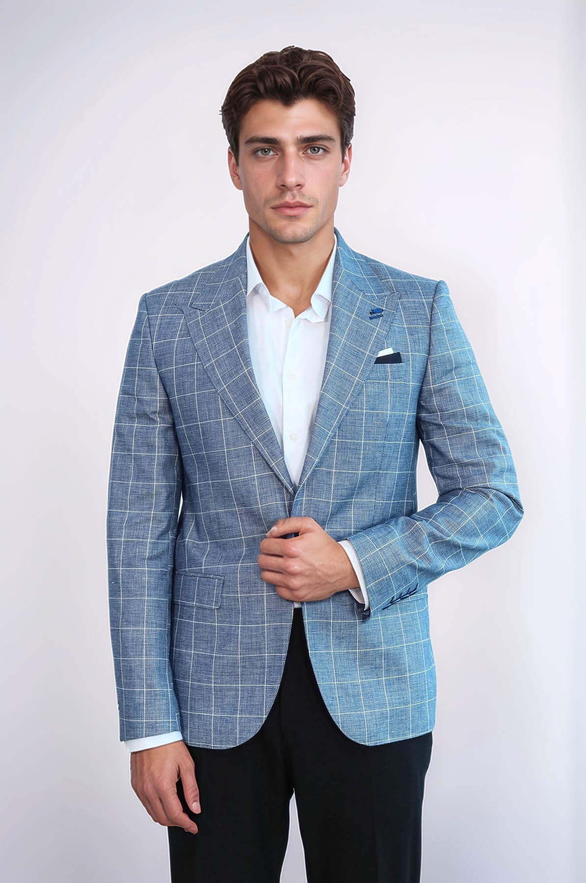 Single Button Wide Pointed Collar Blue Blazer - Wessi