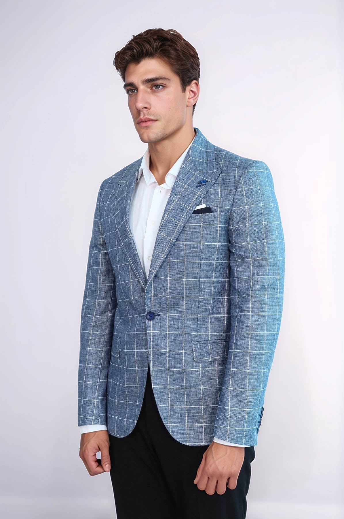 Single Button Wide Pointed Collar Blue Blazer - Wessi