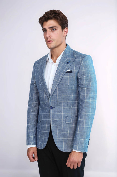 Single Button Wide Pointed Collar Blue Blazer - Wessi