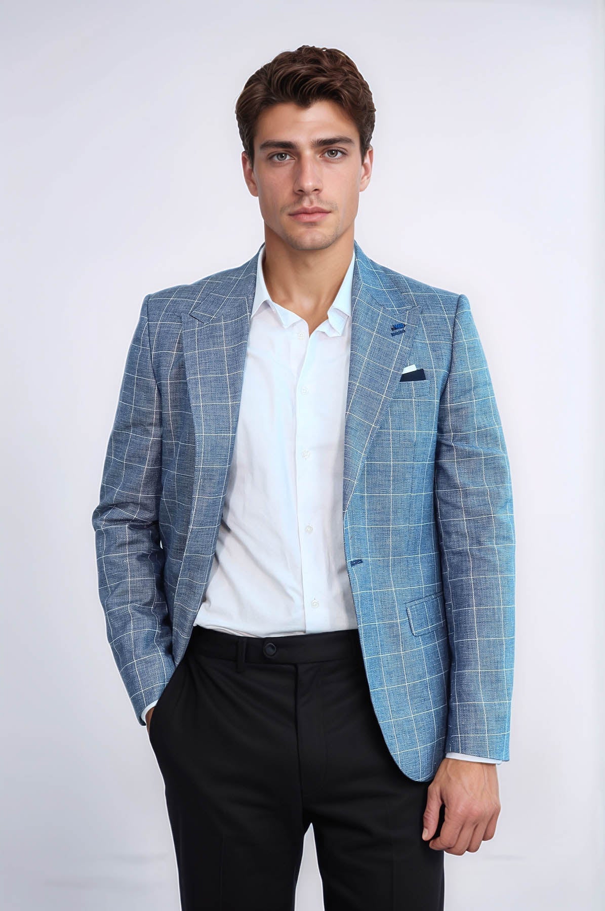 Single Button Wide Pointed Collar Blue Blazer - Wessi