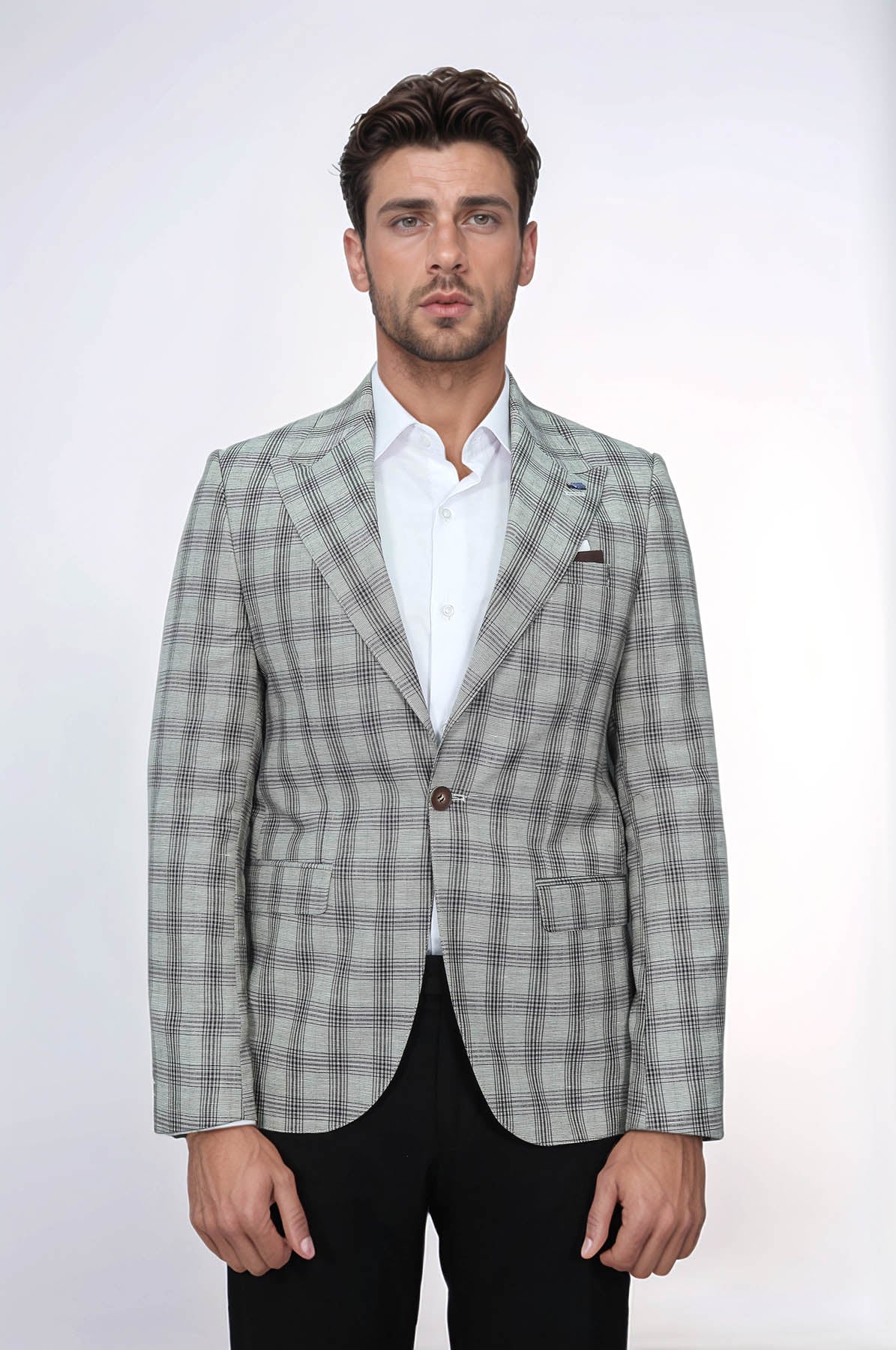 Single Button Wide Pointed Collar Beige Blazer - Wessi