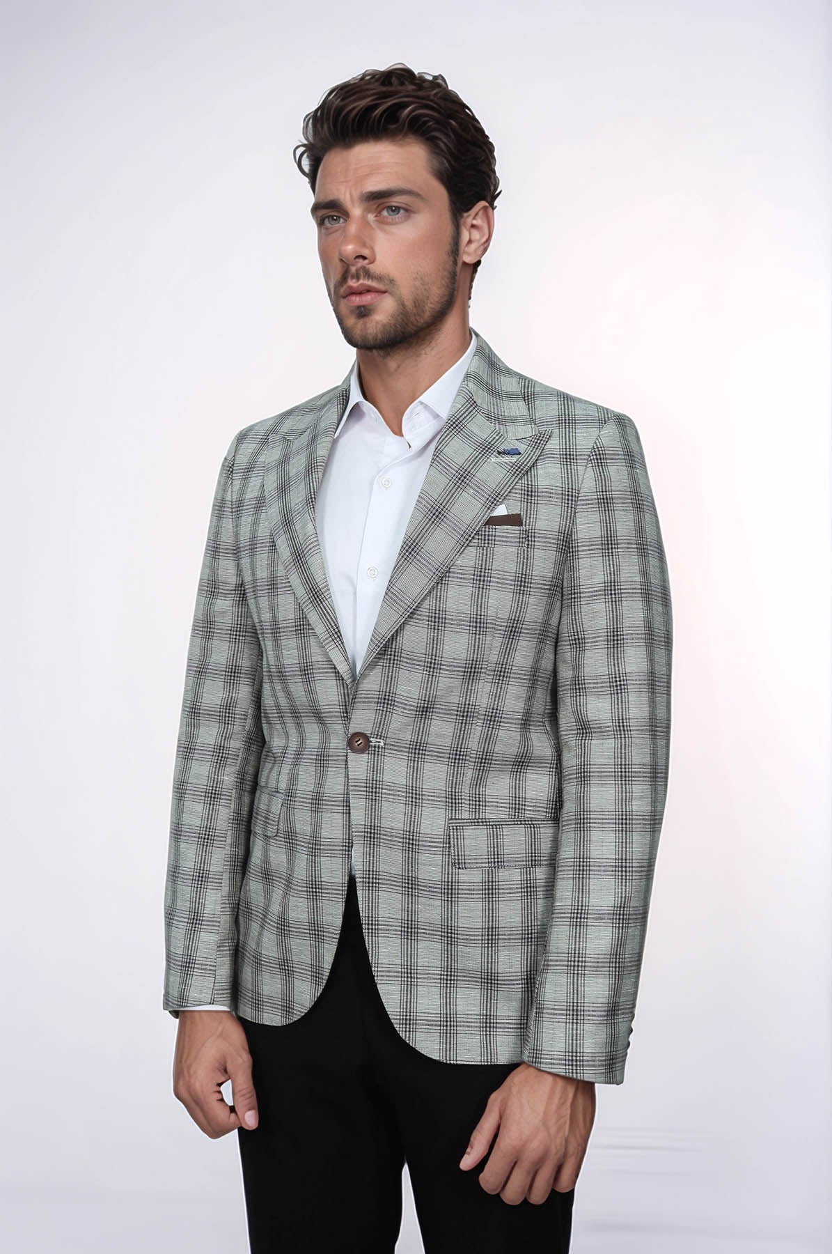 Single Button Wide Pointed Collar Beige Blazer - Wessi