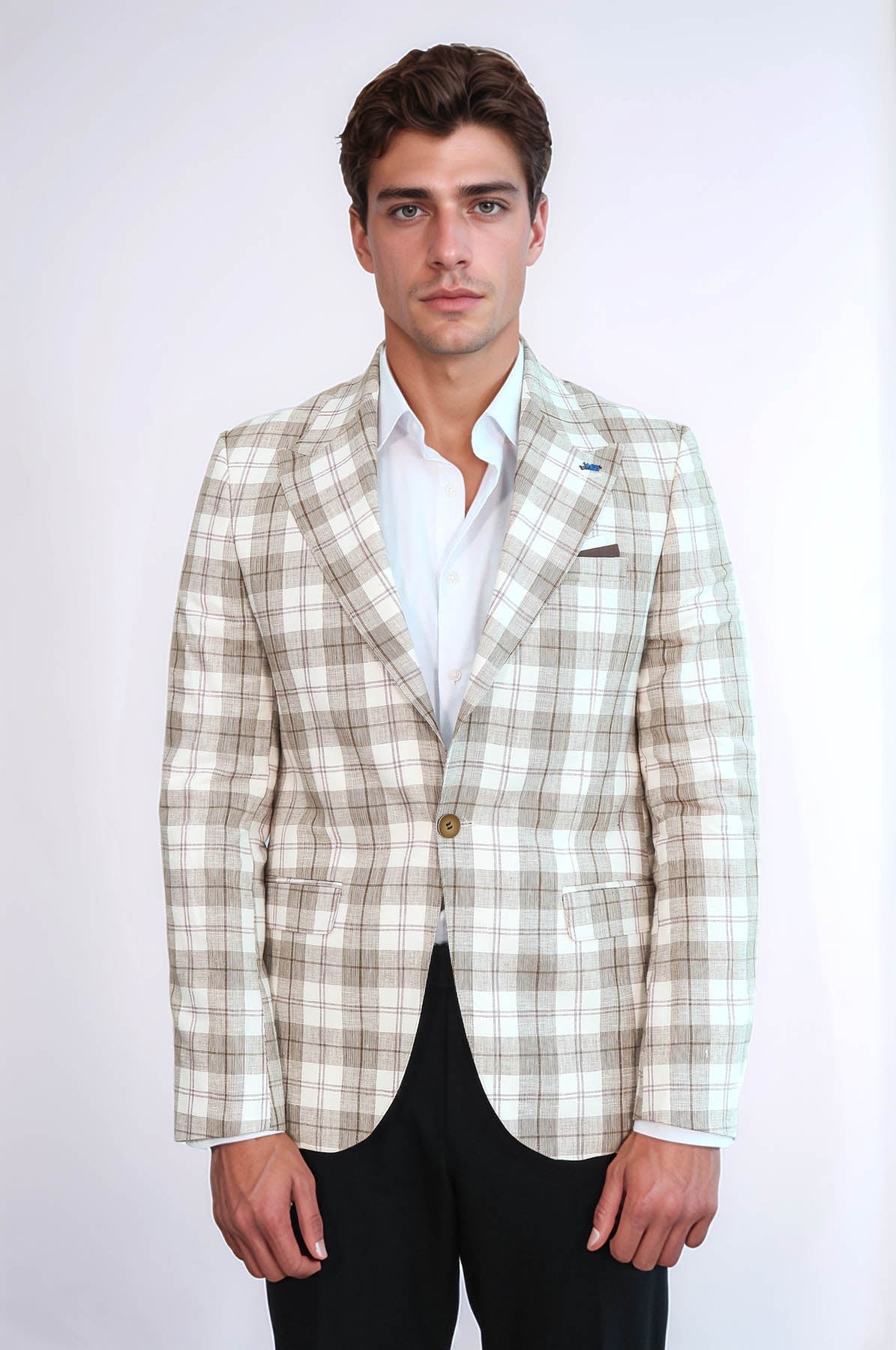 Single Button Wide Pointed Collar Beige Blazer - Wessi