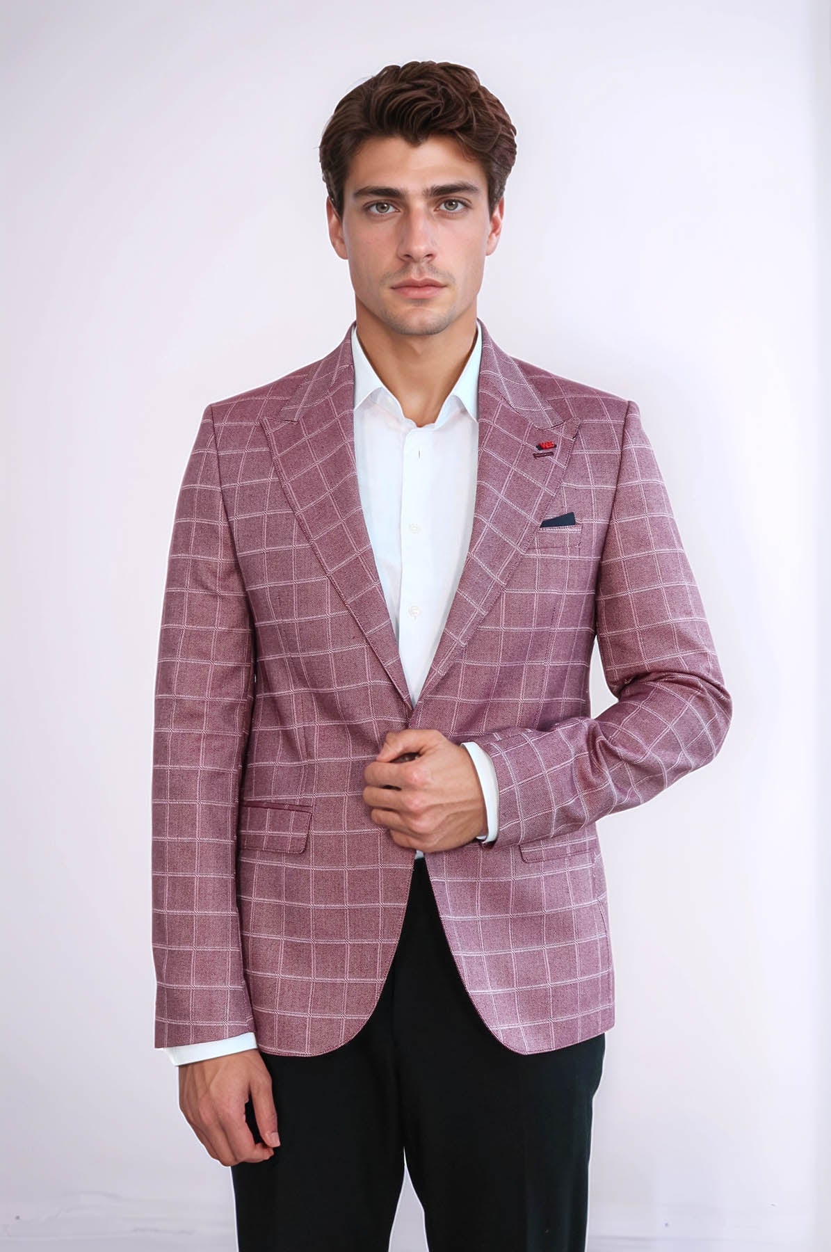 Single Button Wide Pointed Collar Burgundy Blazer - Wessi