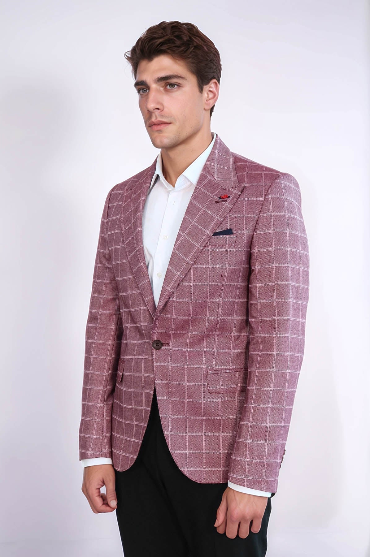 Single Button Wide Pointed Collar Burgundy Blazer - Wessi