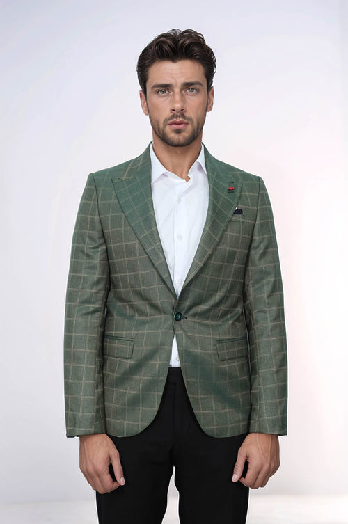 Single Button Wide Pointed Collar Green Blazer - Wessi