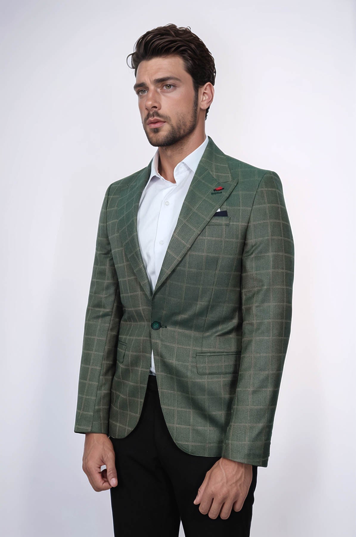 Single Button Wide Pointed Collar Green Blazer - Wessi