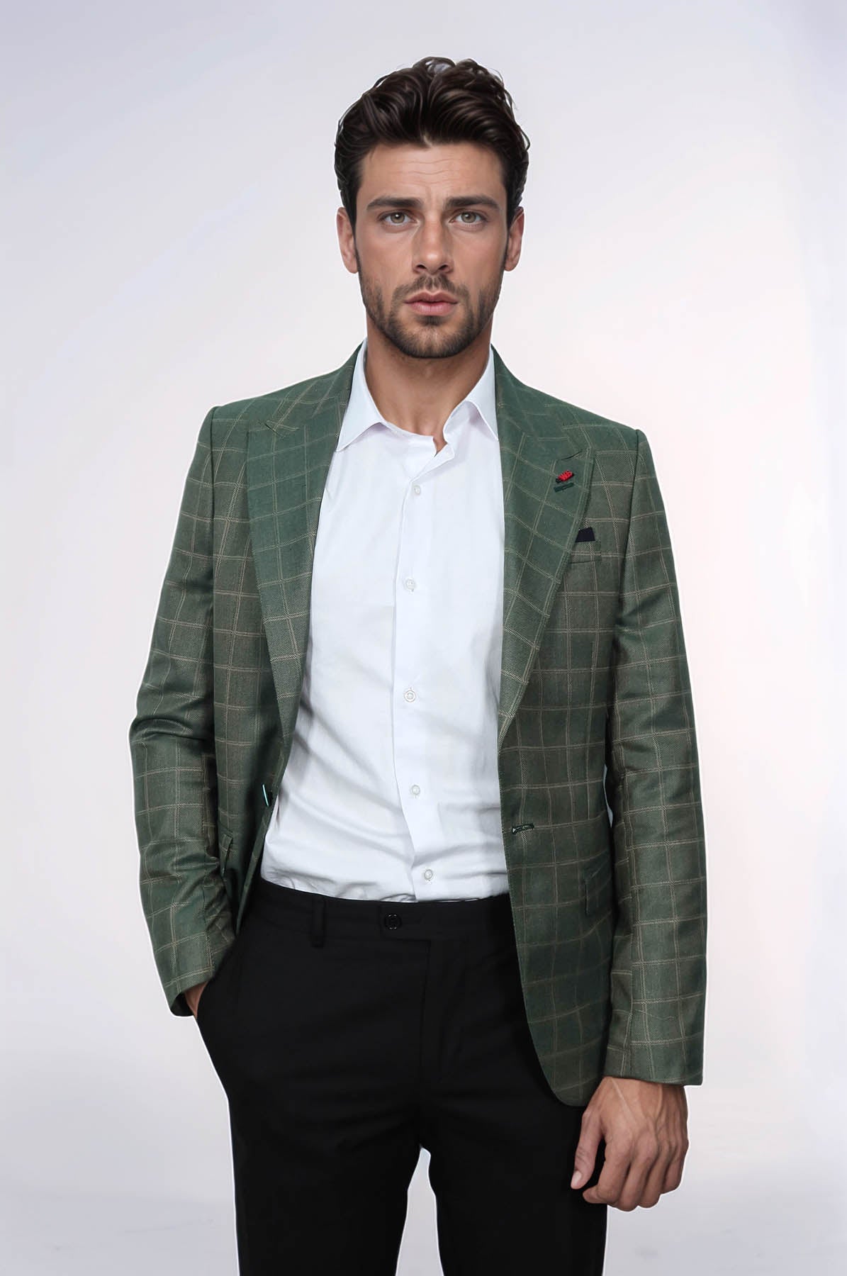 Single Button Wide Pointed Collar Green Blazer - Wessi