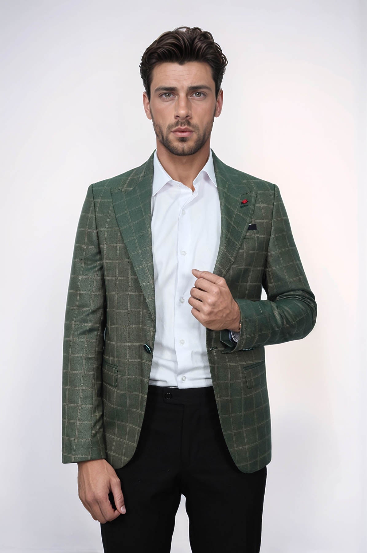 Single Button Wide Pointed Collar Green Blazer - Wessi