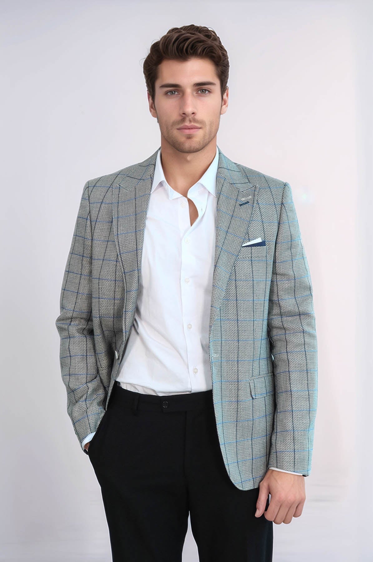 Single Button Pointed Collar Light Blue Blazer - Wessi