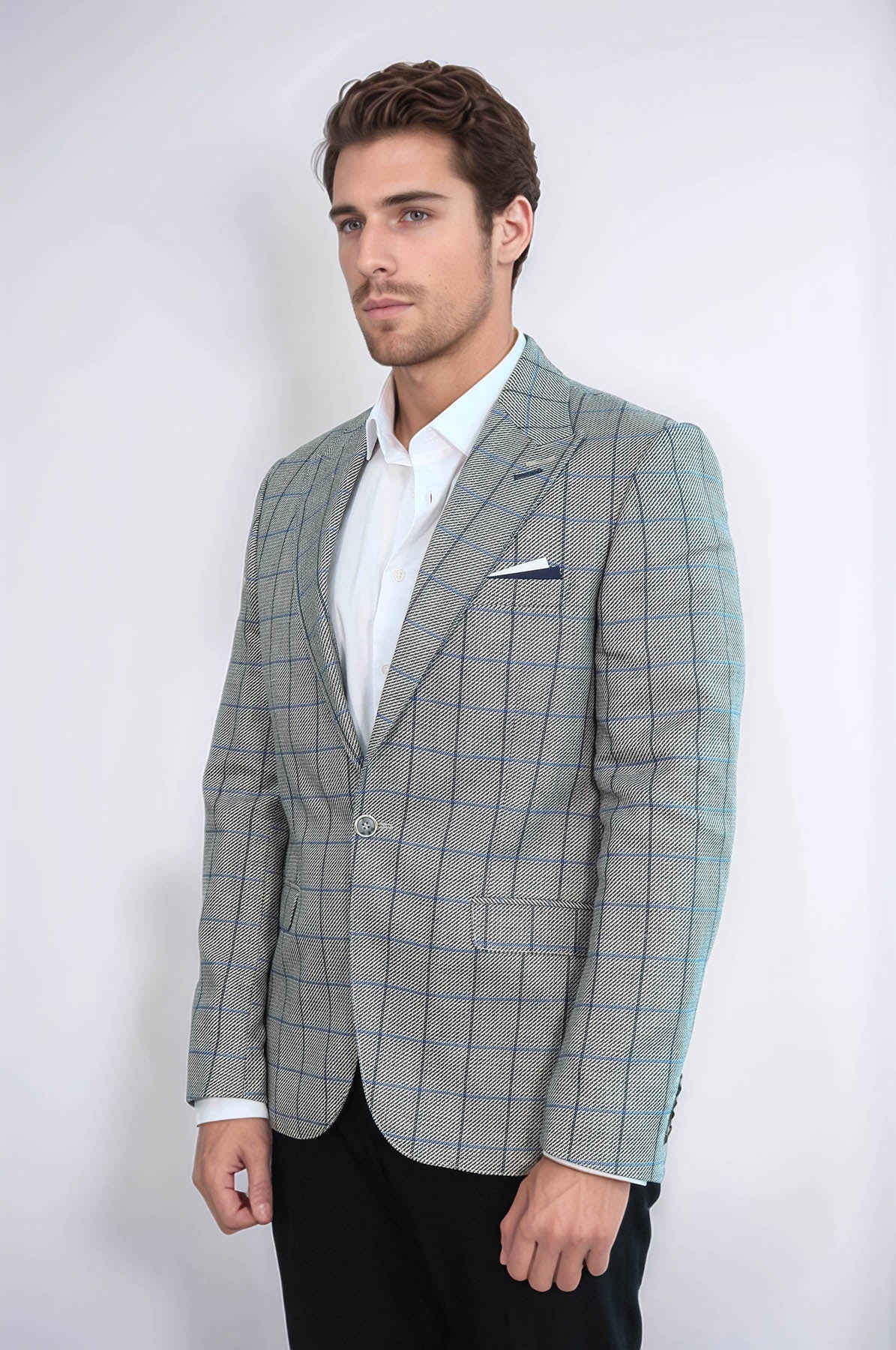 Single Button Pointed Collar Light Blue Blazer - Wessi