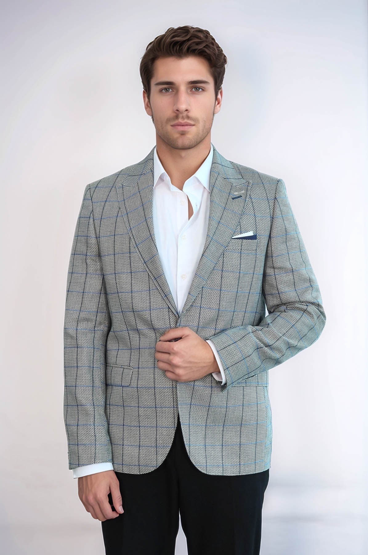 Single Button Pointed Collar Light Blue Blazer - Wessi