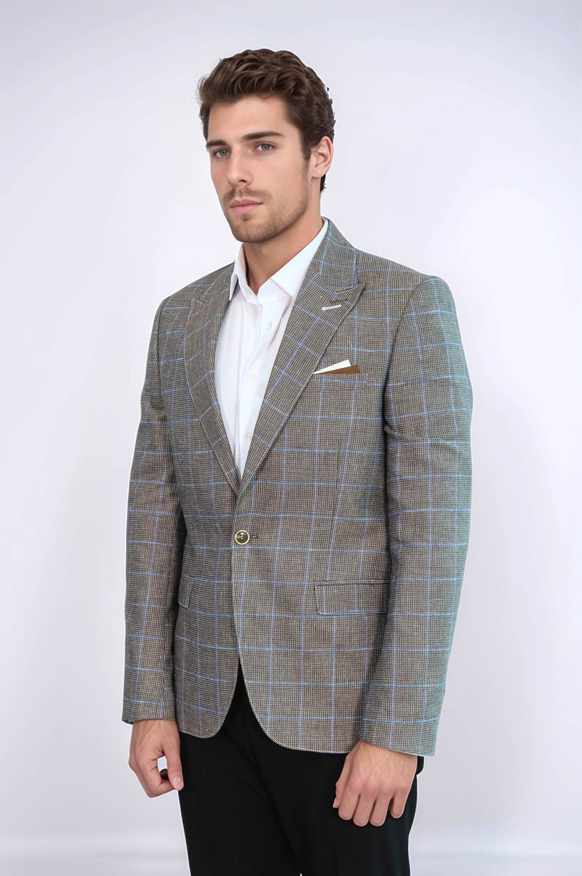 Single Button Pointed Collar Brown Blazer - Wessi