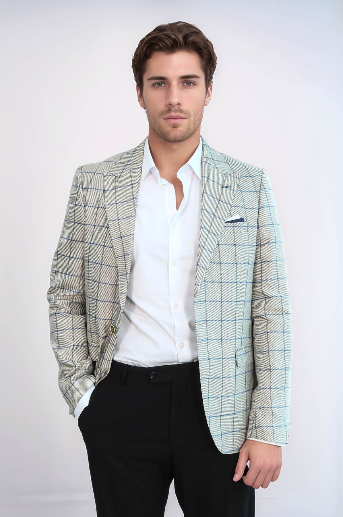 Single Button Pointed Collar Beige Blazer - Wessi