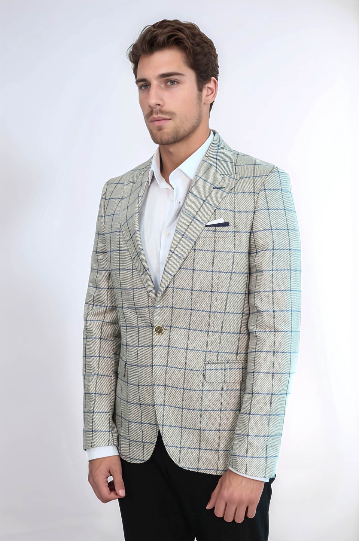 Single Button Pointed Collar Beige Blazer - Wessi