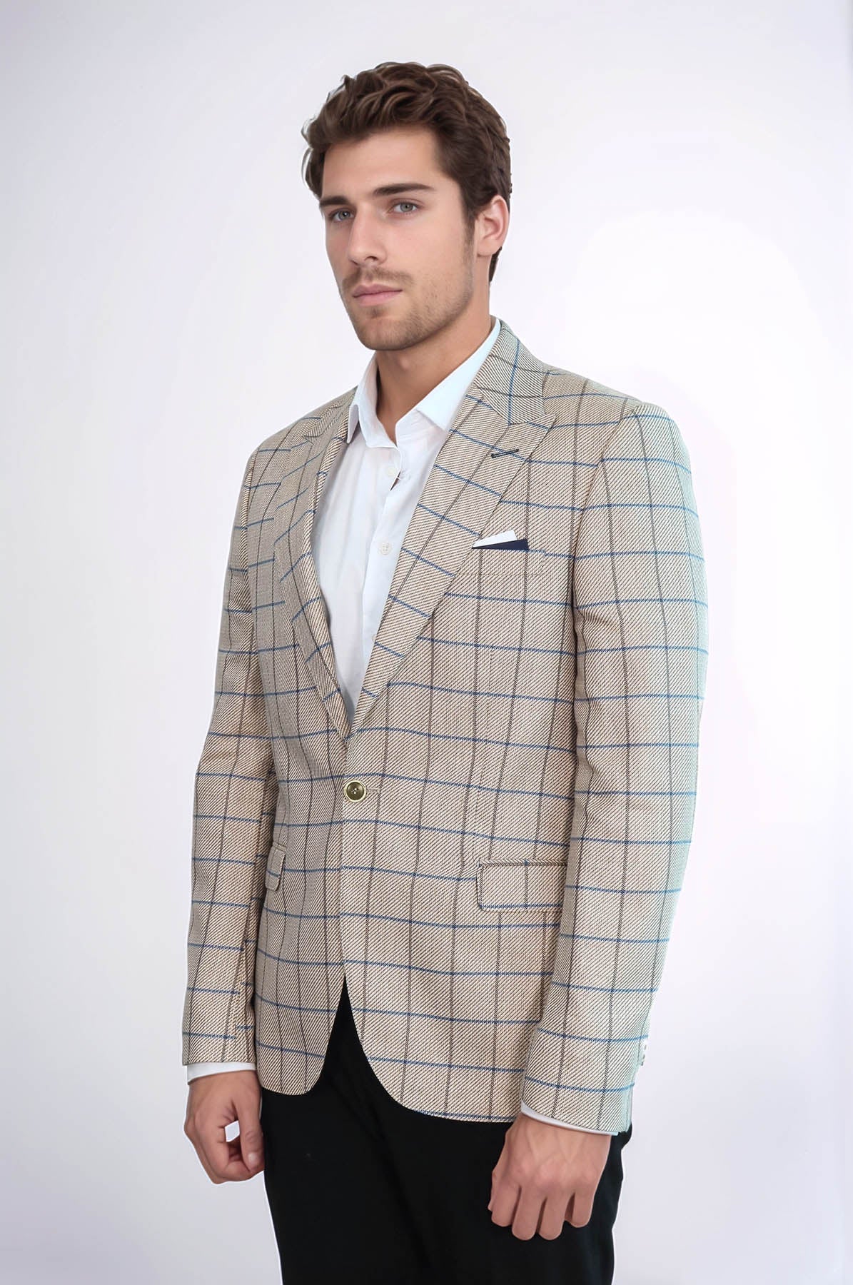 Single Button Pointed Collar Beige Blazer - Wessi