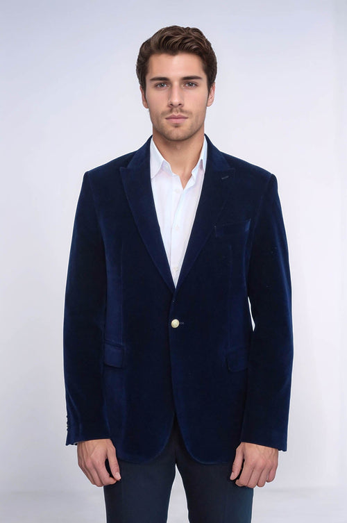 Wide Peak Lapel Velvet Navy Blue Blazer - Wessi