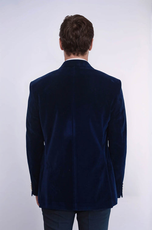 Wide Peak Lapel Velvet Navy Blue Blazer - Wessi