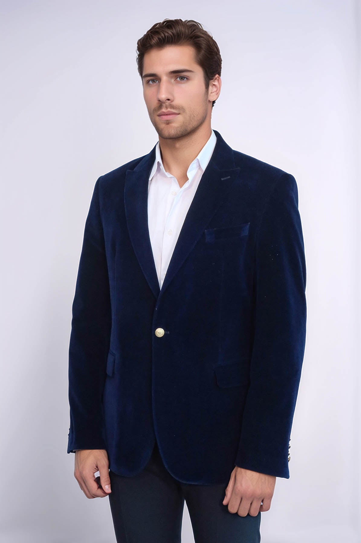 Wide Peak Lapel Velvet Navy Blue Blazer - Wessi