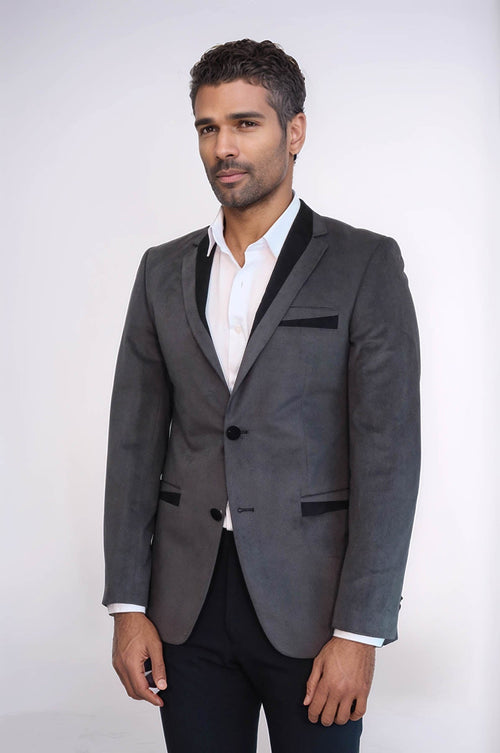 2 Buttons Pocket Piping Velvet Grey Jacket