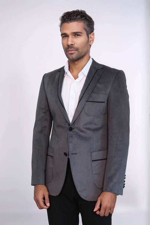 2 Button Bag Pocket Velvet Grey Jacket-Wessi