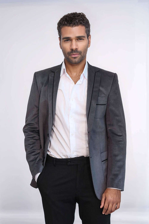 2 Button Bag Pocket Velvet Grey Jacket-Wessi