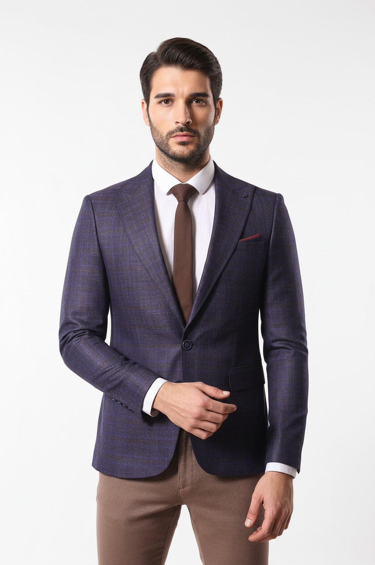 Double Breasted Plaid Burgundy Blazer - Wessi
