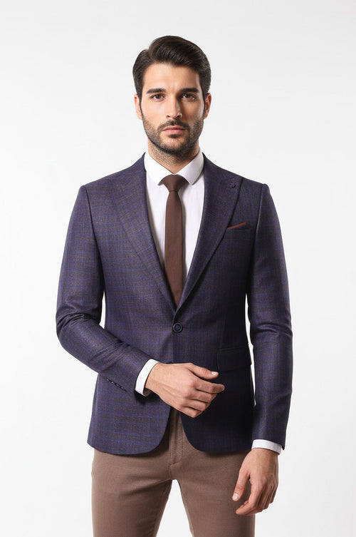 Double Breasted Plaid Burgundy Blazer - Wessi