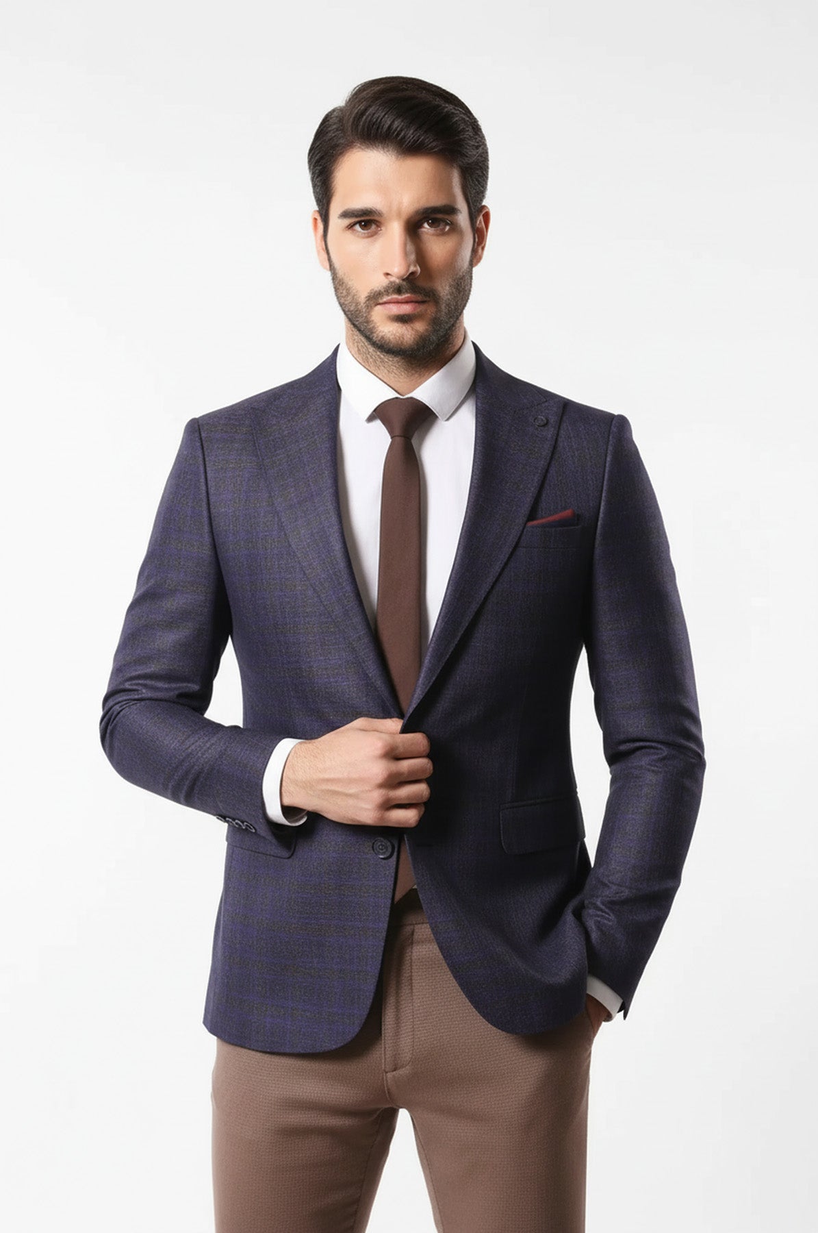 Double Breasted Plaid Burgundy Blazer - Wessi