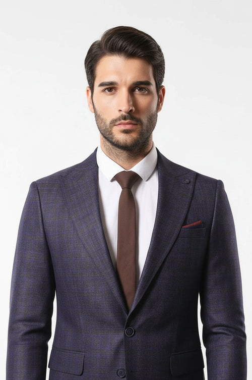 Double Breasted Plaid Burgundy Blazer - Wessi