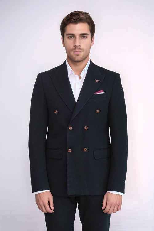 Double Breasted Slim Fit Black Blazer - Wessi