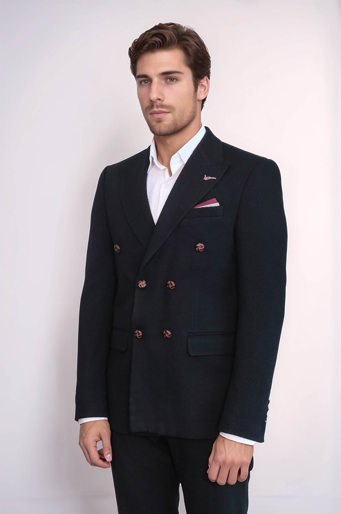 Double Breasted Slim Fit Black Blazer - Wessi