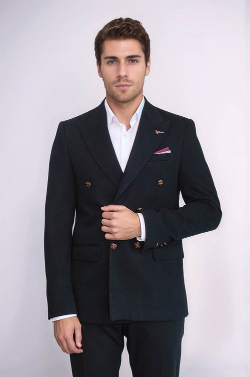 Double Breasted Slim Fit Black Blazer - Wessi