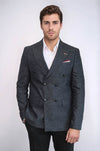 Double Breasted Slim Fit Navy Blue Blazer - Wessi
