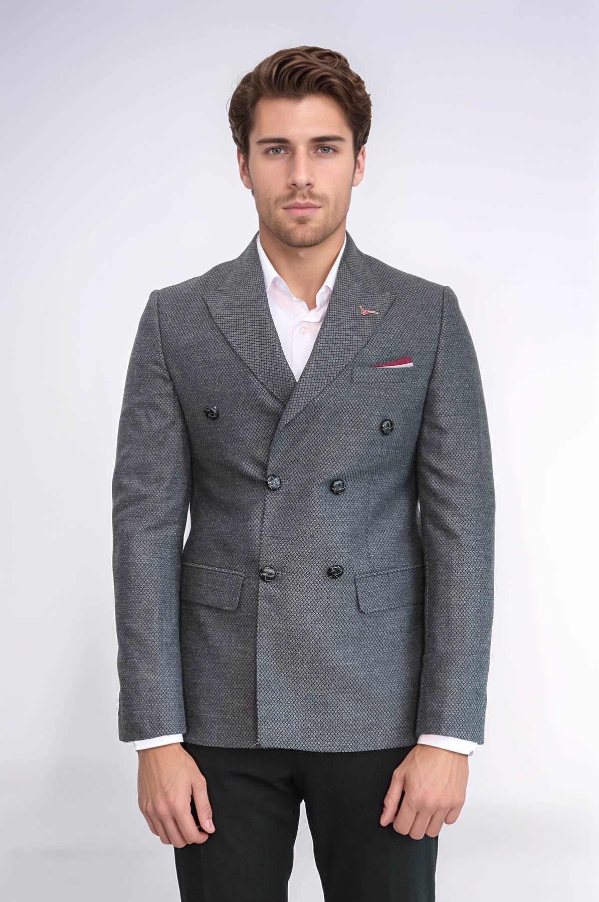 Double Breasted Slim Fit Grey Blazer - Wessi