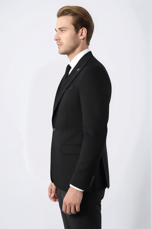 Single Button Pointed Collar Black Blazer - Wessi