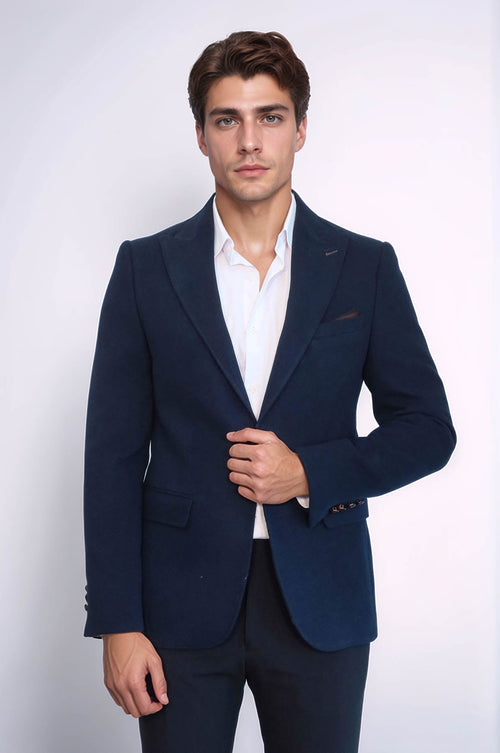 Single Button Pointed Collar Navy Blue Blazer - Wessi