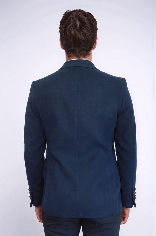 Single Button Pointed Collar Navy Blue Blazer - Wessi